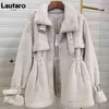 Lautaro Winter Soft Warm Thick Faux Fur Coat Women Drop Shoulder Long Sleeve Zipper Drawstring Fluffy Jacket Korean Fashion 210925