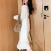 ファッションVネック秋ホワイトドレス女性PuffスリーブボディコンエレガントタッセルセクシーマキシES Vestido 11901 210508