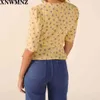 Mode V-Ausschnitt Frauen Bluse Elegante gelbe Oma Blume Blumenstrauß Drucken Top Blusen T-Shirt Tops 210520