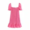 Rosa vermelha mini vestido mulher texturizada ruffle verão curto es mulheres ruched quadrado pescoço de pescoço manga 210519