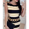 Sexy Drukuj Łańcuch Paski Tight Dress Moda Okrągły Neck Bez Rękawów Mini 210623