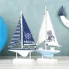 Home Decor Wood White Sailboat Estatuetas Estilo Mediterreal Stripe Stripe Office Desktop Miniature Marine Sailing Barcos 210804
