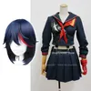 Japanese Anime KILL La Matoi Ryuko Wig Short Hair Cosplay Costume T-shirt Skirt Gloves Belt School Uniform Navy Sailor Suit Y0913