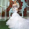 Robe de mariée sirène robe de mariée 2022 pure manches longues perles cristal volants train saoudien arabe mariée robes de soirée