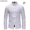 Élégant Or Fan Imprimer Blanc Hommes Chemise Slim Fit À Manches Longues Hommes Robe Chemises Casual Bouton Vers Le Bas Parti De Bal Mâle Social Chemise 210522