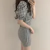 コロバフ韓国のシックなパフスリーブスウィートチェック柄のドレス女性スクエアカラースリムミニドレスビンテージオフィスレディスリム包帯ドレス210430