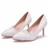 Witte kant hoge hakken bruiloft schoenen bruid party schoenen vrouwen pompen paltform dames sandalen bruids schoenen enkel riem wiggen y0406