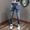 Mode Streetwear Hommes Jeans Rétro Bleu Slim Fit Peinture Designer Night Club Hip Hop Pantalon Élastique Ripped Homme 211108