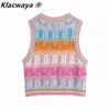 Kvinnor Färg Matchning Hollow Out Crochet Kort Stickning Sweater Lady Ärmlös Casual Slim Vest Crop Pullovers Tops 210521