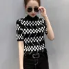 Women's Sweaters #3827 Black Blue Khaki Plaid Knitted Sweater Women Turtleneck Slim Korean Casual Pullover Knitwear Short Sleeved