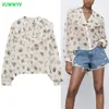 Vintage Floral Print Ruffle Collar Mulheres Blusa Mulheres Verão Estética Semi Sheer Top Mulher de Manga Longa Botão Up Streetwear 210430