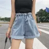 Verão Vintage Mulheres Alto Cintura Botão Azul Denim Shorts Casuais feminino cor sólida perna larga jeans cinza solto 210430