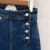 Qooth Pantaloni a vita alta in denim classico a doppio petto a vita alta Pantaloni in denim slim skinny semplici a tutto tondo QT455 210518