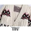 Women Fashion Jacquard Loose Cable-knit Cardigan Sweater Vintage V Neck Long Sleeve Female Outerwear Chic Tops 210507