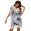 여성 패션 넥타이 염색 핸드 훅 스티치 V 넥 블라우스 비치 드레스 원 사이즈 X0521