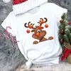 Women's T-Shirt FIXSYS Women White Female Cartoon Reindeer Cute Graphic Tee Merry Christmas T Shirt Short Sleeve Casual Tops