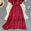 Blå / röd / khaki chiffong klänning kvinnor vintage rund hals ihålig ut ruffle slim a-line casual vestidos kvinnlig fest mantel sommar ny y0603