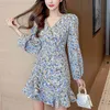 Autumn Floral Print Mermaid Mini Dress Women Korean Chic Long Sleeve Vintage Holiday Boho Beach Christmas Vestidos Robe 210514