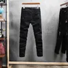 Amerikanska streetwear mode män jeans slim fit elastic bomull denim rippade punk byxor patches designer hip hop biker byxor