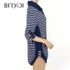 bfdadi 플러스 사이즈 가을 긴 t 셔츠 여성 캐주얼 스트라이프 느슨한 느슨한 스탠드 롤 에지 디자인 티 탑 210317