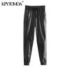 KPYTOMOA Dames Mode Zakken Faux Lederen Jogging Broek Vintage Hoge Elastische Taille Trekkoord Vrouwelijke Enkelbroek Mujer 210925