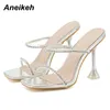 Sexy PVC Women Shoes Summer Peep Toe Fashion Spike Heels Slippers Shallow Metal Decoration Solid Outside Elegant 210507