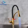 360 Swivel Kitchen Faucets Pull Out LED Sprayer Mixer Water Vessel Sink Faucets Cold and Water Taps 210724