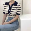 Summer Elegant Vintage Women Knitted T-shirt Striped Color-blocked Short Sleeve Turn Down Collar Buttons Tops Korean Style 210513