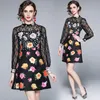 Mode Sexy Black Transparent Dentelle Patchwork Rose Fleur Imprimer Robe Femme Summer Runway Court Vestdios 210506