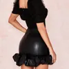 Women Vintage Elegant Black PU Skirts Fashion Faux Leather Bud Spring Pleated Sexy Party Short 210428