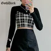 Goth Foncé Gothique Deux Pièces Ensembles Maigre Noir Col Roulé À Manches Longues Femmes Crop Tops T-shirts Avec Plaid Camisole Streetwear Y0629