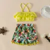 Yaz Çocuk Setleri Moda Kayışı Sarı Ruffles Baskı Şort Tops Casual 2 Adet Kız Giysileri 1-7 T 210629