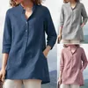 Womens Shirt Cotton Linen V Neck Blouse Solid Pocket Shirts Casual 3/4 Sleeve Autumn Loose Blouses Female Tunic Tops 210721