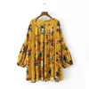 Yellow White V Neck Hollow Out Lace Floral Flower Print Long Sleeve Lantern Mini Short Dress Sexy Loose D0607 210514