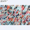 Zevity المرأة أنيقة الخامس الرقبة الأزهار طباعة الطية الكشكشة ميدي اللباس الإناث الرباط المرقعة مرنة vestido شيك بوهو فساتين DS8332 210603