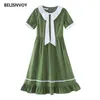 Японский Опрятный стиль летние зеленые свободные платья женские лук Peter Pan Woly Sweet Girls Kawaii кружевные оборками MIDI платье 210520