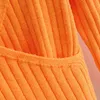 Stickad Ribbed Orange Beskuren Pullover Femme V Neck Vintage Kort Höst Vinter Långärmad Tröja Jumper Casual 210427