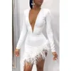 Hohe Qualität Herbst Damen Kleid Weiß V-Ausschnitt Langarm Feder Saum Rayon Bandage Sexy Party 210525