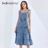 Kreuz Denim Sling Kleid Für Frauen Quadrat Kragen Ärmellose Hohe Taille Midi Kleider Weibliche Mode Kleidung 210520