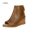 Sandalen Artdiya Original echtes Leder Damenschuhe Peep Toe Hollow Out Coole Stiefel gewebte Keilabsätze hoch