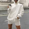 Glamaker Long sleeve suit sets Women sweatshirt hoodie and biker shorts 2 piece set Fashion solid autumn co ord sweat suits 2020 Y0625