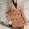 Women brown solid double breasted suit jacket office ladies blazer pockets design work wear tops 210430