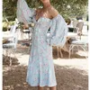 Retro Skyblue Floral Print Voilet Midi Dress Women V neck Bandage Lantern Long Sleeve Button Slit Off Shoulder Dresses 210429