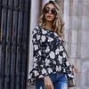 Round Neck Ruffle Hem Women Tops and Blouses Casual Holiday Floral Print Top Spring Flared Sleeve Loose Blouse 210510