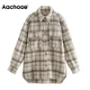 Aachoae Women Plaid Single Breasted Jacket Coats Fashion Turn Down Collar Pockets Coat Female Streetwear Long Sleeve Spring Tops 220105