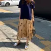 Women Short Sleeve Dresses Summer Fake Two Piece Plus Size Patchwork Print Ladies Long T-Shirt 13346 210506