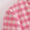 BBWM WOMAN Summer Female Square Collar Sweet Pink Plaid Short shirt Close-Fitting long-sleeved Top 210520