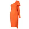 Högkvalitativ blå orange landningsbanan BOWNOT ONE AUDLE Lång ärm Rayon Bandage Dress Cocktail Party Bodycon Dress Vestidos 210319