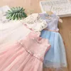 Summer 3-6 8 10 12 Years Child Crew Neck Prom Embroidery Floral Baby Sleeveless Princess Party Girl Lace Chiffon Belt Dress 210529