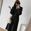 Ezgaga Ofis Bayan Zarif Elbise Kadın Kore Moda V Yaka Uzun Puf Kollu Bahar Yüksek Bel Örgü Elbiseler Vestidos 210430